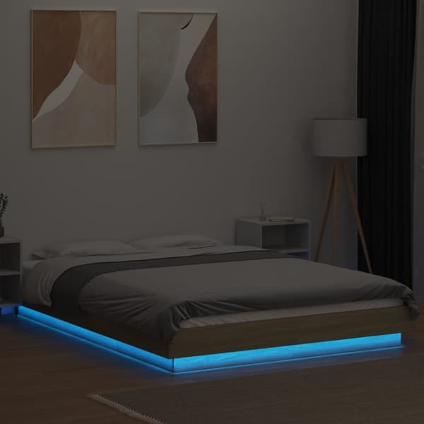 vidaXL sengeramme med LED-lys 135x190 cm konstrueret træ sonoma-eg
