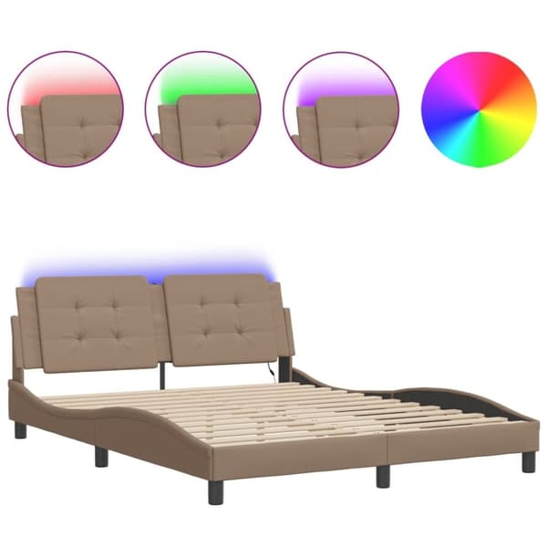 vidaXL sengeramme med LED-lys 160x200 cm kunstlæder cappuccinofarvet