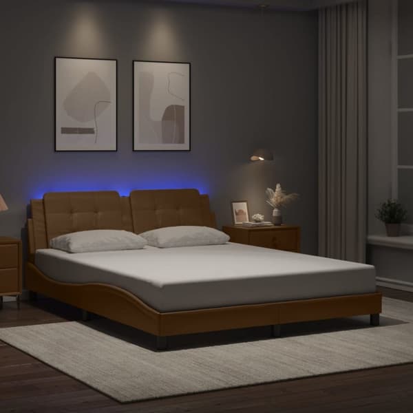 vidaXL sengeramme med LED-lys 160x200 cm kunstlæder cappuccinofarvet