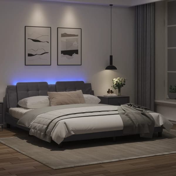 vidaXL Sängynrunko LED-valoilla harmaa 180x200 cm keinonahka