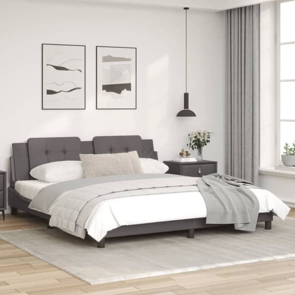 vidaXL Sängynrunko LED-valoilla harmaa 180x200 cm keinonahka