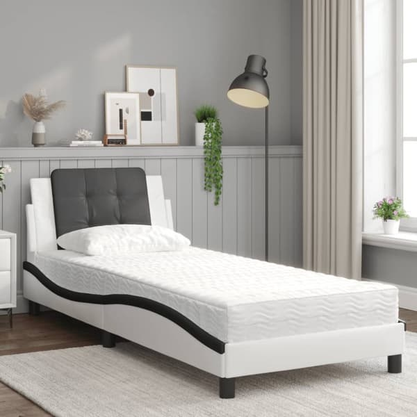 vidaXL Säng med madrass vit och svart 90x200 cm konstläder