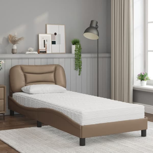 vidaXL seng med madras 90x200 cm kunstlæder cappuccinofarvet