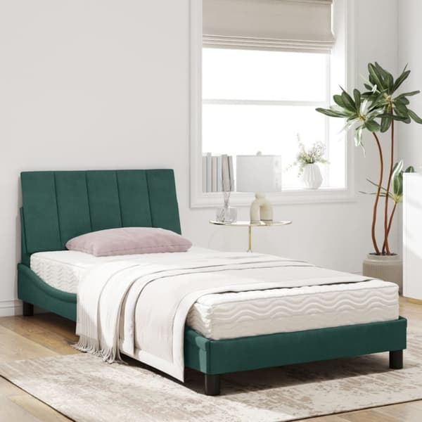 vidaXL seng med madras 100x200 cm velour mørkegrøn