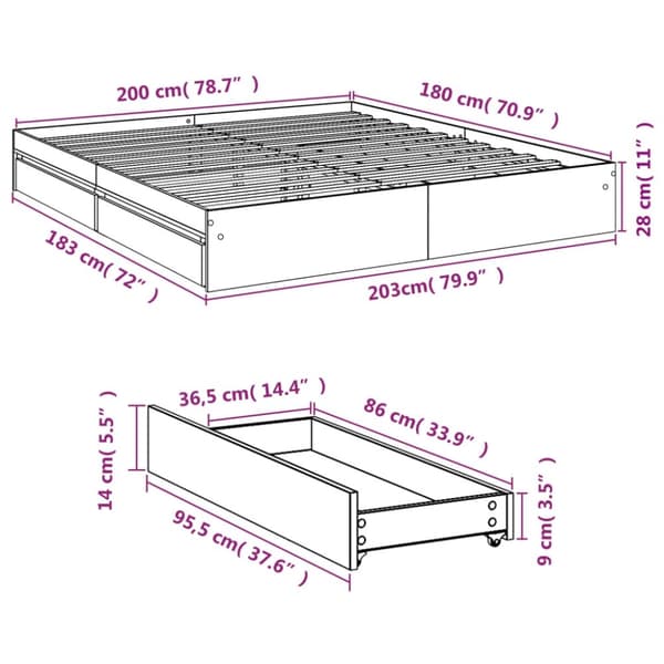 vidaXL Sengeramme med skuffer hvit 180x200 cm konstruert tre