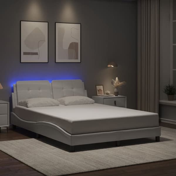 vidaXL sengeramme med LED-lys 140x190 cm kunstlæder hvid