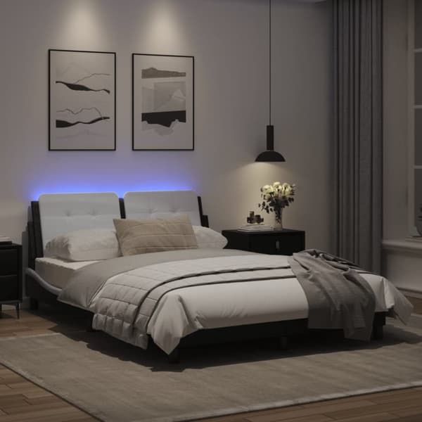 vidaXL Sängram med LED-belysning svart och vit 140x200 cm konstläder