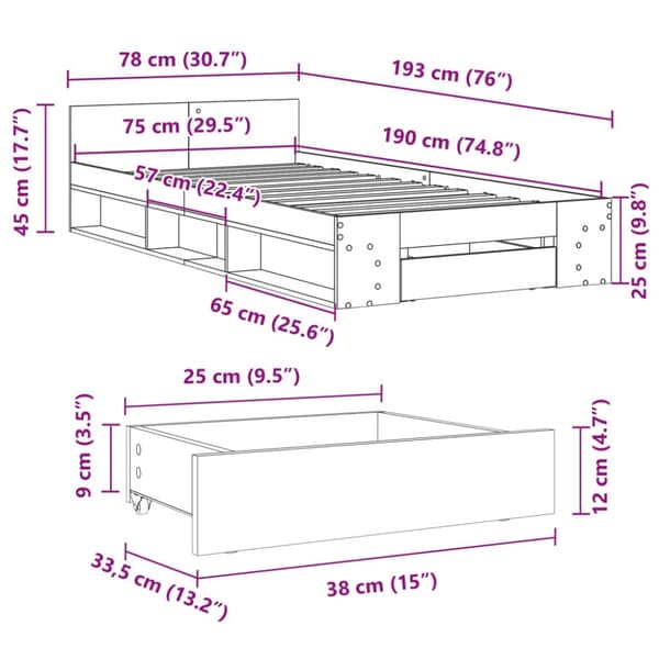 vidaXL sengeramme med skuffe 75x190 cm konstrueret træ sort