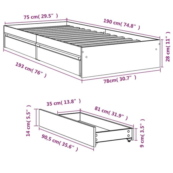 vidaXL sengeramme med skuffer 75x190 cm konstrueret træ sort