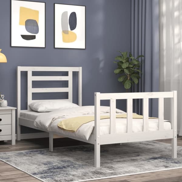 vidaXL Sängram med huvudgavel vit 90x200 cm massivt trä - Sängar & sängramar