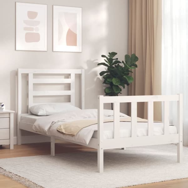 vidaXL Sängram med huvudgavel vit 90x200 cm massivt trä - Sängar & sängramar