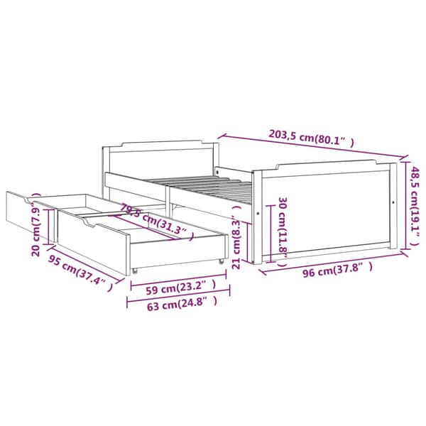 vidaXL Sängynrunko vetolaatikoilla täysi mänty 90x200 cm -  Sängyt & sängynrungot