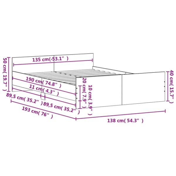 vidaXL sengeramme med sengegavl og fodgærde 135x190 cm brunt egetræ - Senge & sengeramme