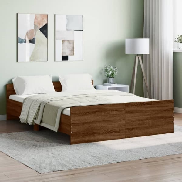 vidaXL sengeramme med sengegavl og fodgærde 135x190 cm brunt egetræ -  Senge & sengeramme