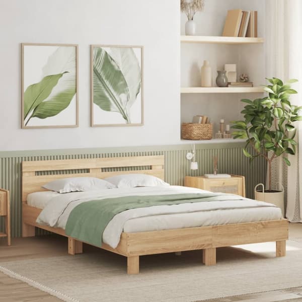 vidaXL Sängynrunko päätylevyllä Sonoma-tammi 150x200 cm tekninen puu - Sängyt & sängynrungot