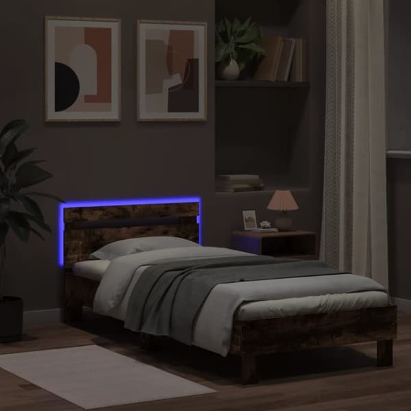 vidaXL Sängynrunko päädyllä ja LED-valoilla savutammi 90x200 cm - Sängyt & sängynrungot