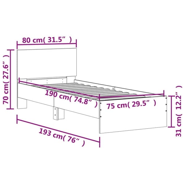 vidaXL Sängynrunko päädyllä betoninharmaa 75x190 cm tekninen puu - Sängyt & sängynrungot