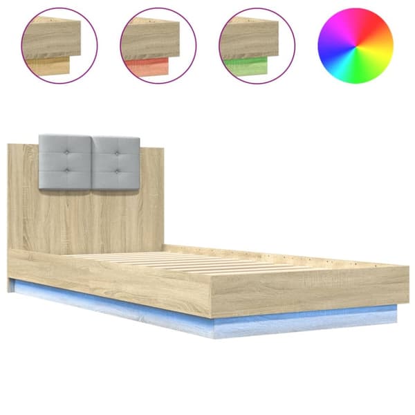 vidaXL sengeramme med sengegavl og LED-lys 100x200 cm sonoma-eg - Senge & sengeramme