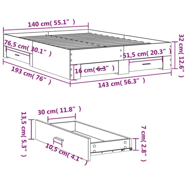 vidaXL sengeramme med skuffer 140x190 cm konstrueret træ sonoma-eg - Senge & sengeramme