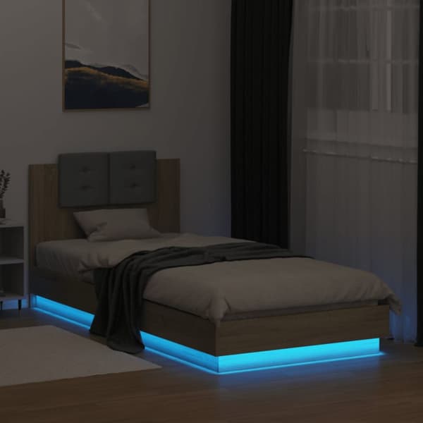 vidaXL Sängram med huvudgavel och LEDs sonoma-ek 90x200 cm -  Sängar & sängramar