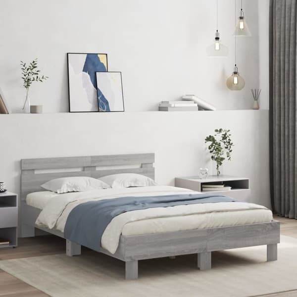 vidaXL Sängynrunko päädyllä ja LED-valoilla harmaa Sonoma 120x190 cm -  Sängyt & sängynrungot