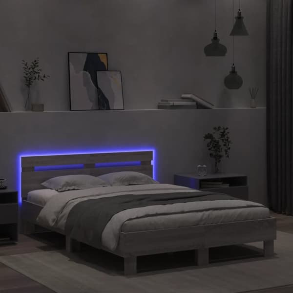 vidaXL Sängynrunko päädyllä ja LED-valoilla harmaa Sonoma 120x190 cm - Sängyt & sängynrungot