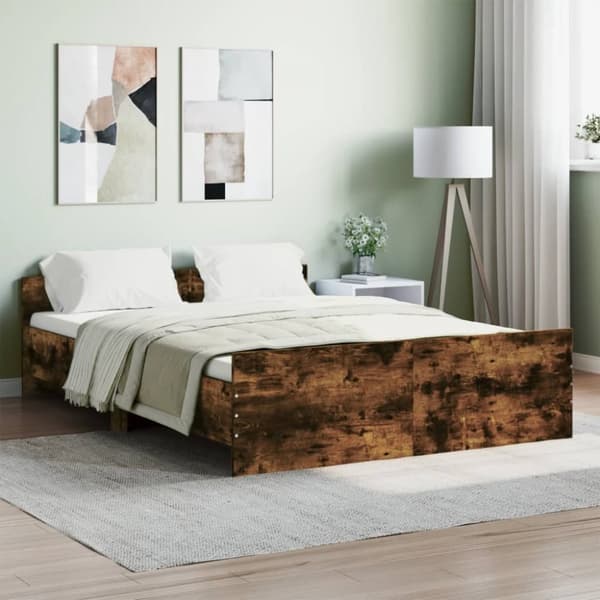 vidaXL Sängram med huvudgavel och fotgavel rökfärgad ek 135x190 cm - Sängar & sängramar