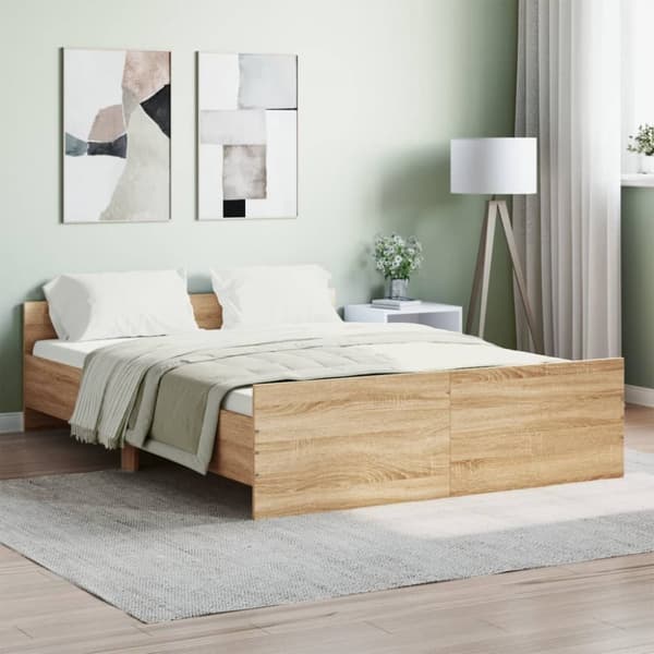 vidaXL sengeramme med sengegavl og fodgærde 135x190 cm sonoma-eg - Senge & sengeramme