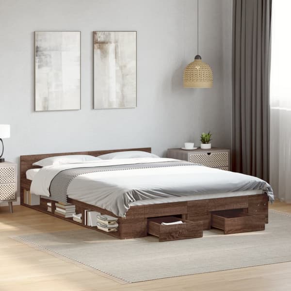 vidaXL sengeramme med skuffer 140x190 cm konstrueret træ brunt egetræ - Senge & sengeramme