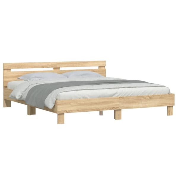 vidaXL sengeramme med sengegavl 200x200 cm konstrueret træ sonoma-eg - Senge & sengeramme