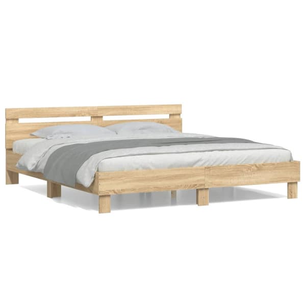 vidaXL sengeramme med sengegavl 200x200 cm konstrueret træ sonoma-eg - Senge & sengeramme