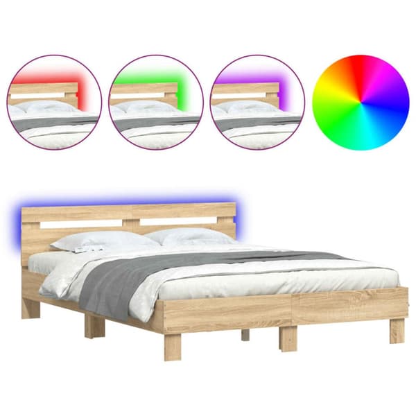 vidaXL Sängynrunko päädyllä ja LED-valoilla Sonoma-tammi 140x190 cm - Sängyt & sängynrungot