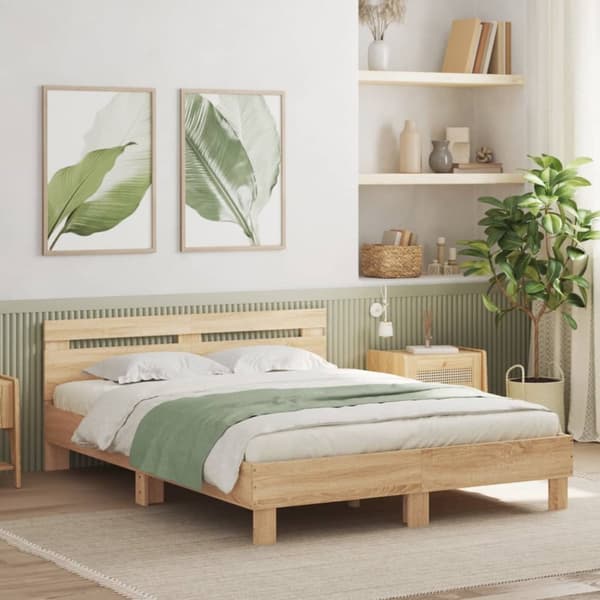 vidaXL Sängynrunko päädyllä ja LED-valoilla Sonoma-tammi 140x190 cm - Sängyt & sängynrungot