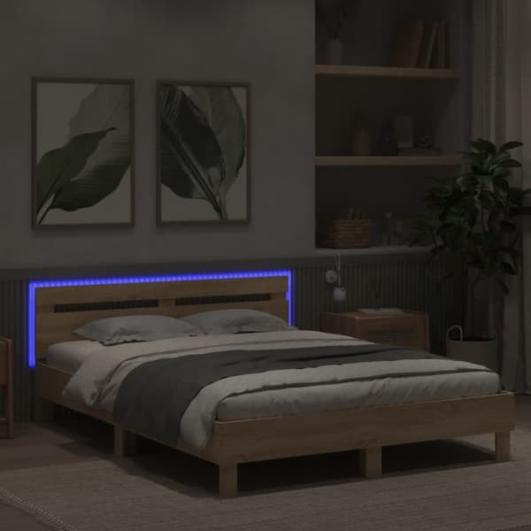 vidaXL Sängynrunko päädyllä ja LED-valoilla Sonoma-tammi 140x190 cm -  Sängyt & sängynrungot