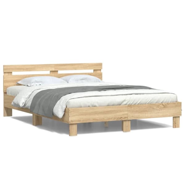 vidaXL Sängynrunko päädyllä ja LED-valoilla Sonoma-tammi 140x190 cm - Sängyt & sängynrungot