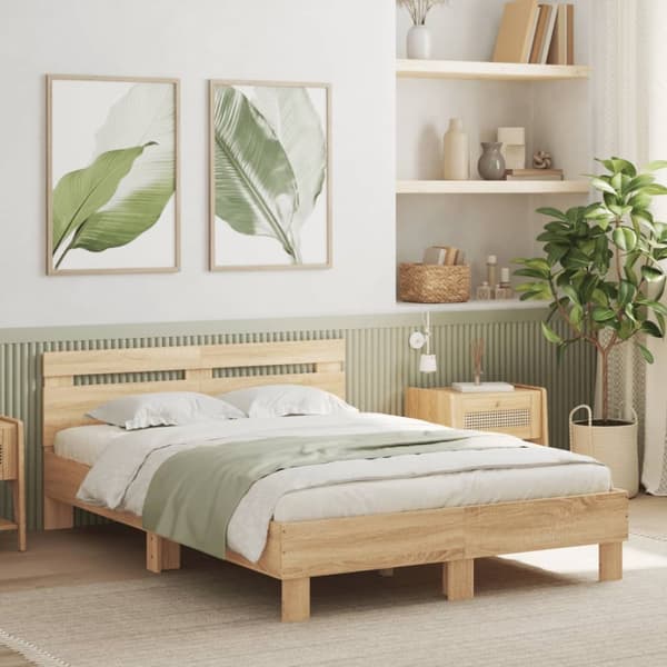 vidaXL Sängram med huvudgavel och LED sonoma-ek 120x190 cm - Sängar & sängramar