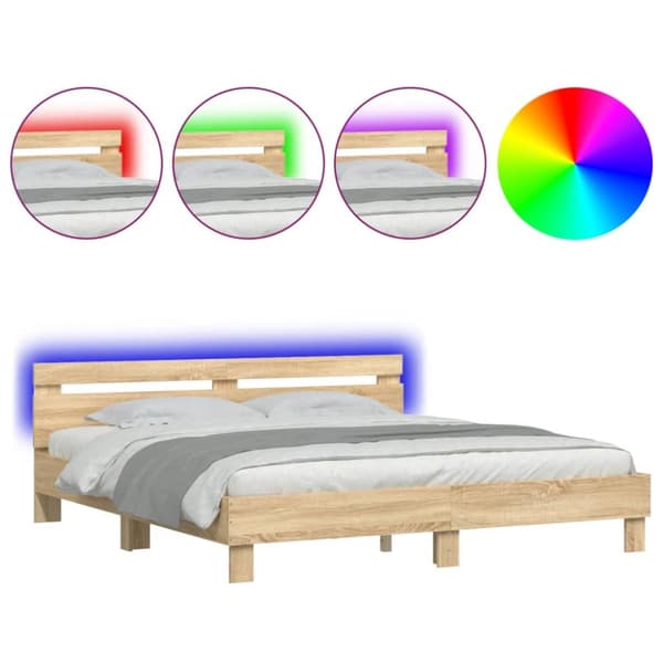 vidaXL sengeramme med sengegavl og LED-lys 200x200 cm sonoma-eg - Senge & sengeramme