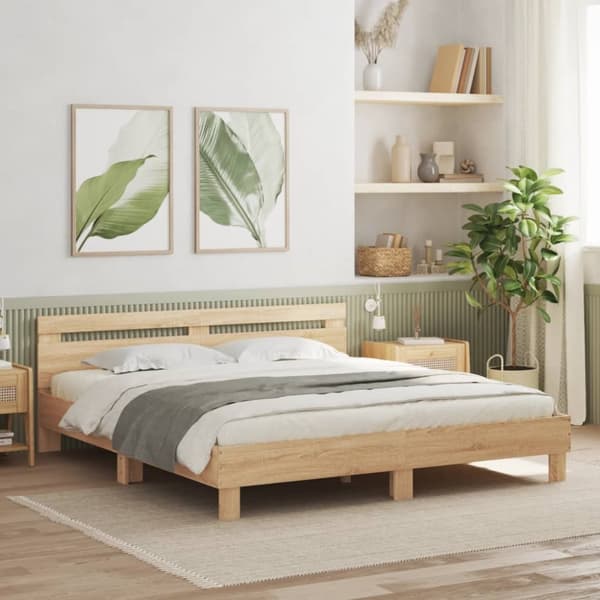 vidaXL sengeramme med sengegavl og LED-lys 200x200 cm sonoma-eg - Senge & sengeramme