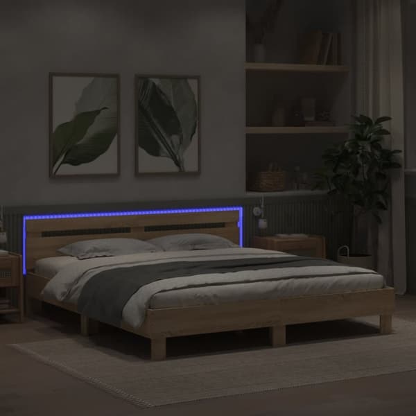 vidaXL sengeramme med sengegavl og LED-lys 200x200 cm sonoma-eg - Senge & sengeramme