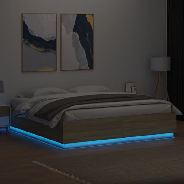 vidaXL Sängynrunko LED-valoilla Sonoma-tammi 180x200 cm tekninen puu - Sängyt & sängynrungot