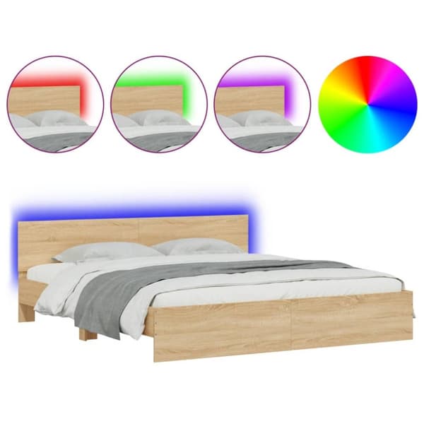 vidaXL sengeramme med sengegavl og LED-lys 200x200 cm sonoma-eg - Senge & sengeramme