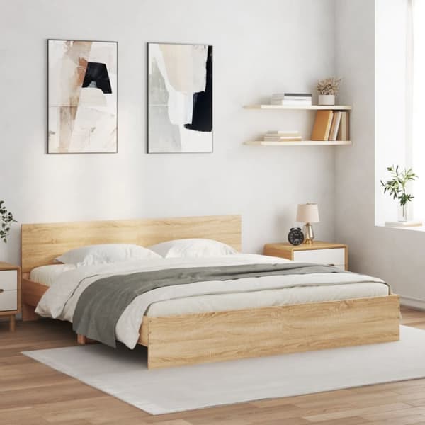 vidaXL sengeramme med sengegavl og LED-lys 200x200 cm sonoma-eg - Senge & sengeramme