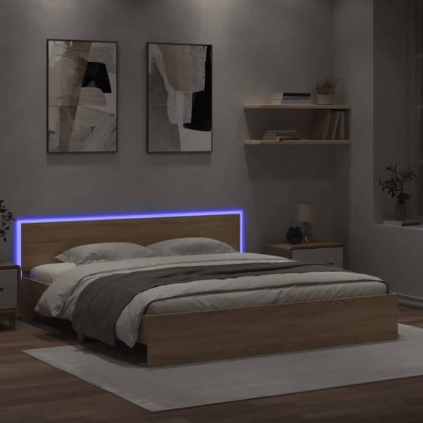 vidaXL sengeramme med sengegavl og LED-lys 200x200 cm sonoma-eg - Senge & sengeramme