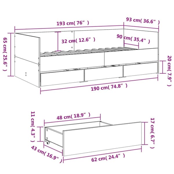vidaXL daybed med skuffer 90x190 cm konstrueret træ brunt eg - Senge & sengeramme