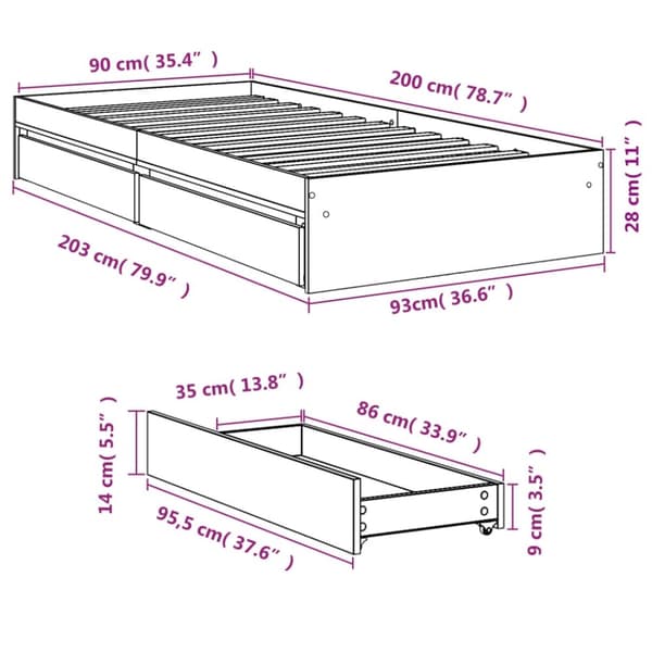 vidaXL Sängram med lådor vit 90x200 cm konstruerad trä