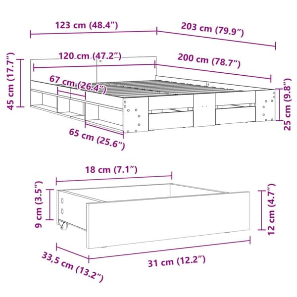 vidaXL sengeramme med skuffer 120x200 cm konstrueret træ grå sonoma-eg