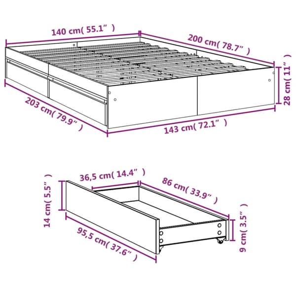 vidaXL sengeramme med skuffer 140x200 cm konstrueret træ sonoma-eg