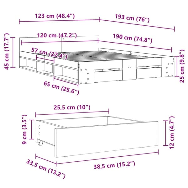 vidaXL Sängram med lådor betonggrå 120x190 cm konstruerat trä