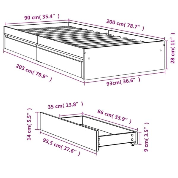vidaXL Sängram med lådor betonggrå 90x200 cm konstruerat trä