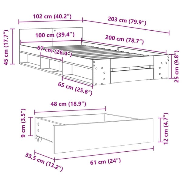 vidaXL Sengeramme med skuff hvit 100x200 cm konstruert tre
